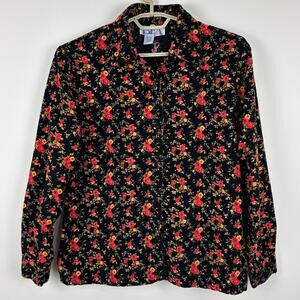 Vintage 90s Floral Corduroy Button Up Shirt Large Cotton black red cottage